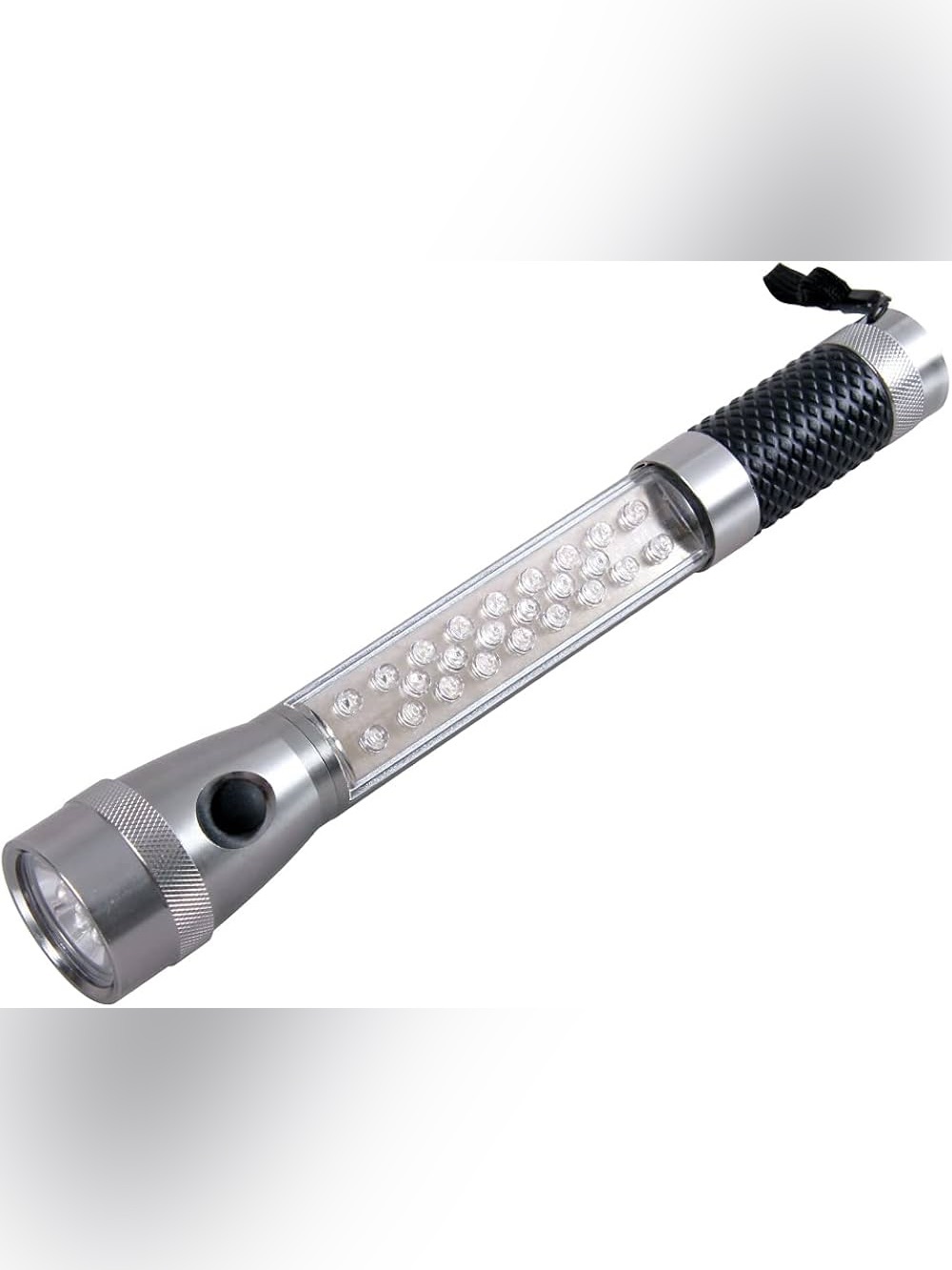 silver aluminum hand torch that typically features 31 LEDs red flashing steady